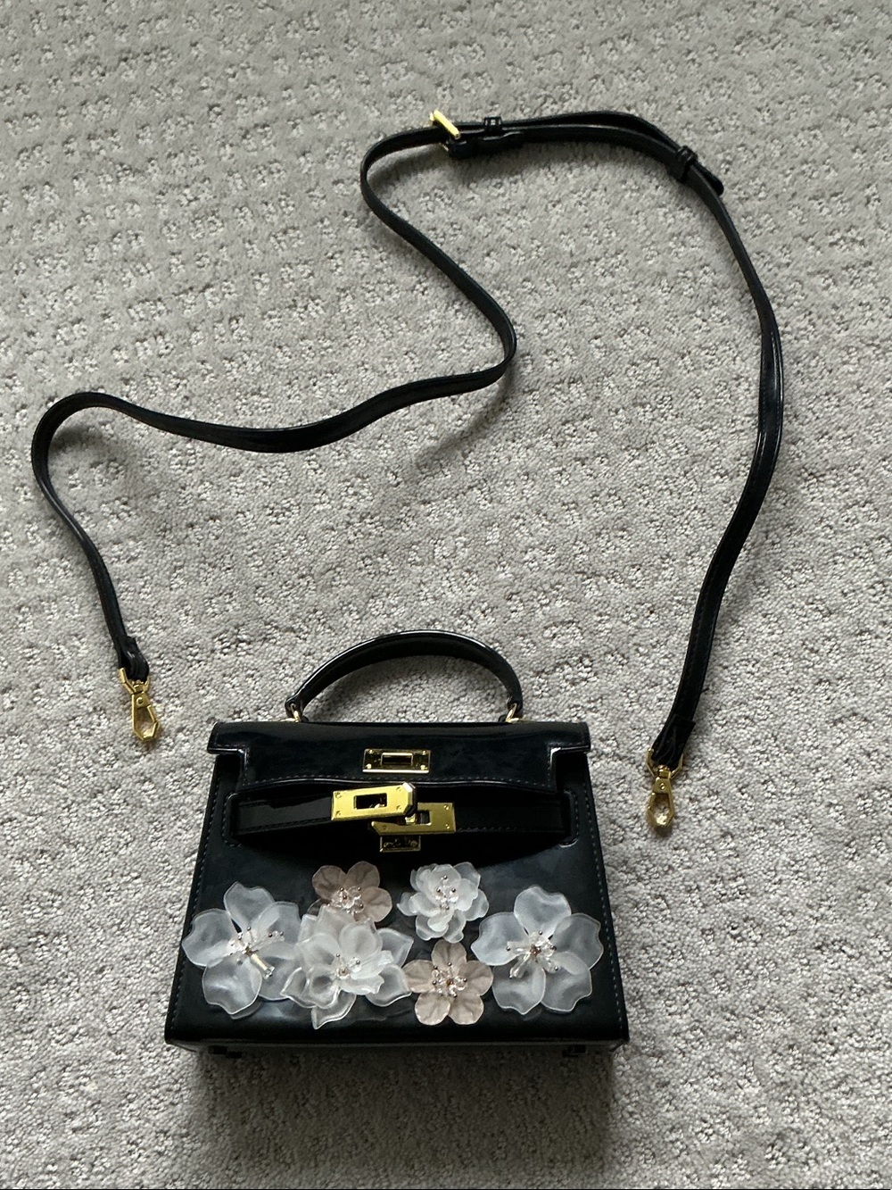 Black Floral Applique Patent Top-Handle Bag with Birkin style clasp - Picture 3 of 6